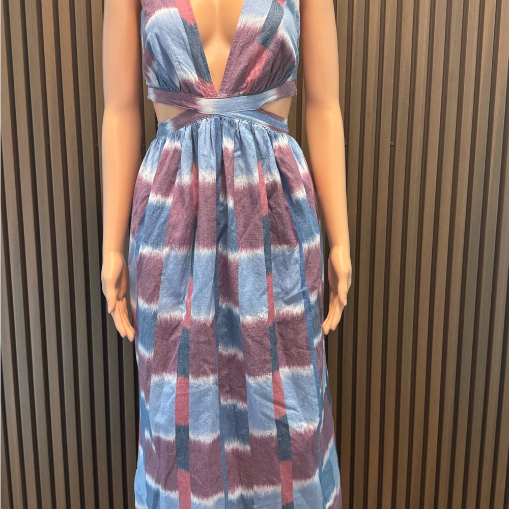 Anthropologie Blue and Pink Plunge Midi Sundress